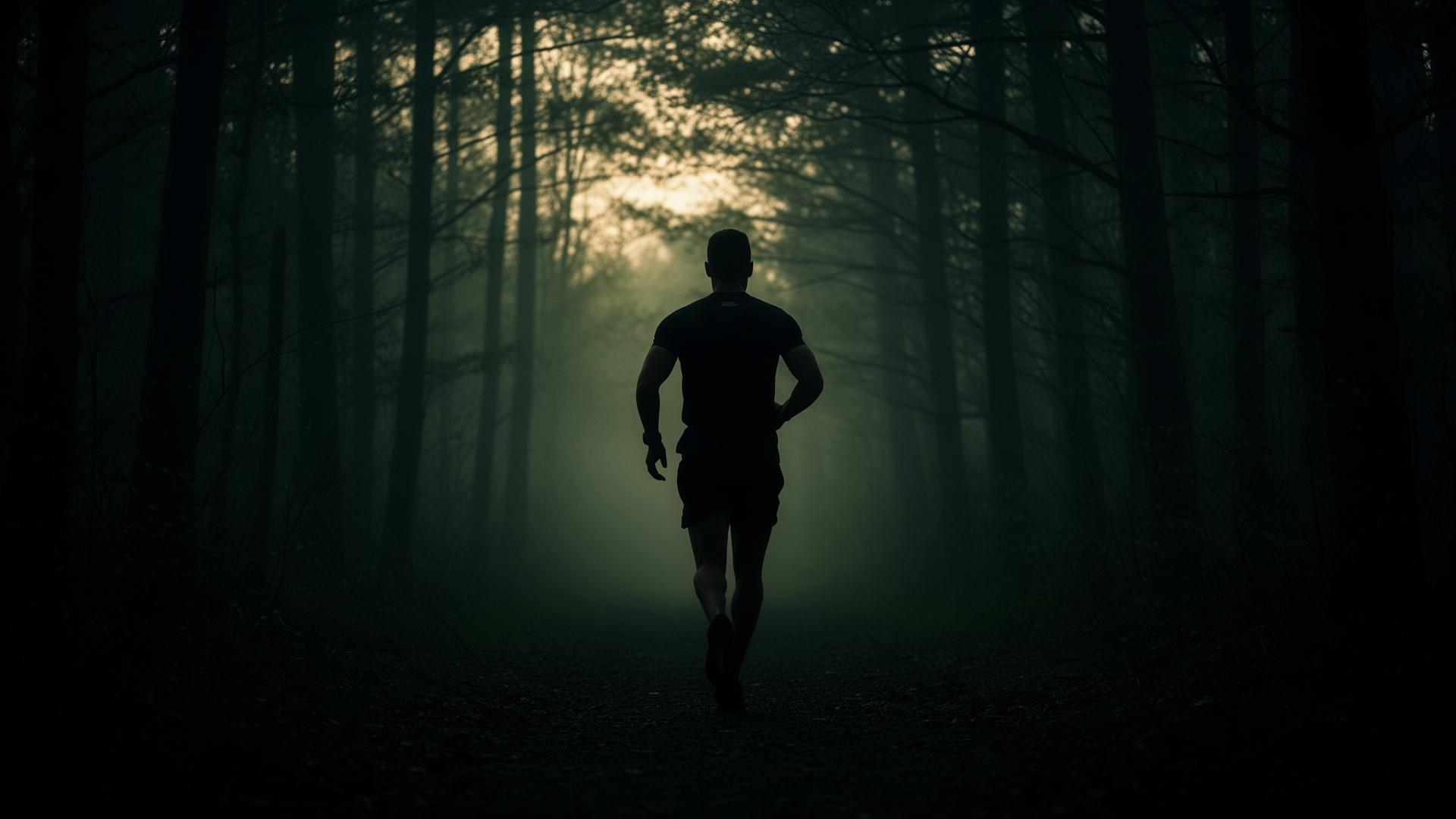 Atleta che corre all'alba in una foresta nebbiosa