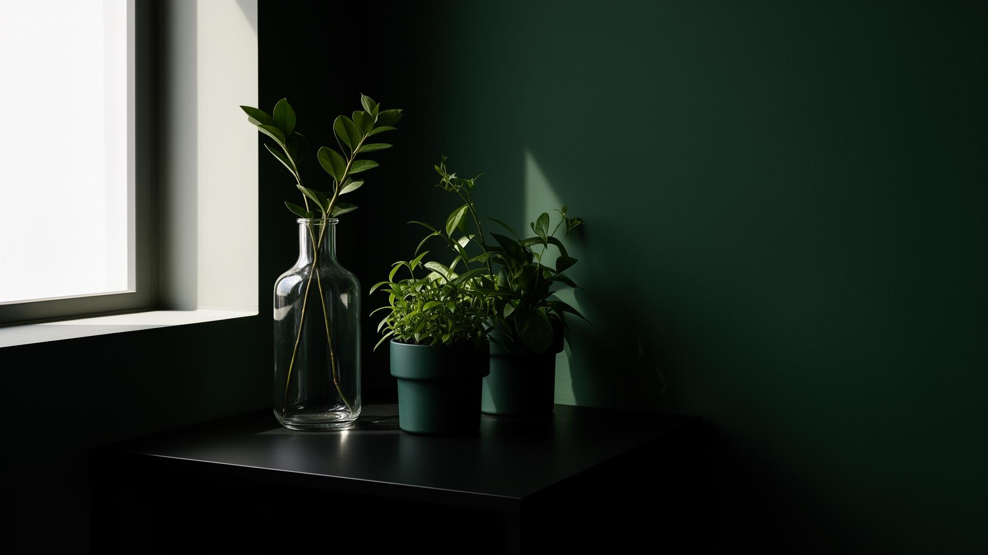 Interno minimale con piante e luce naturale